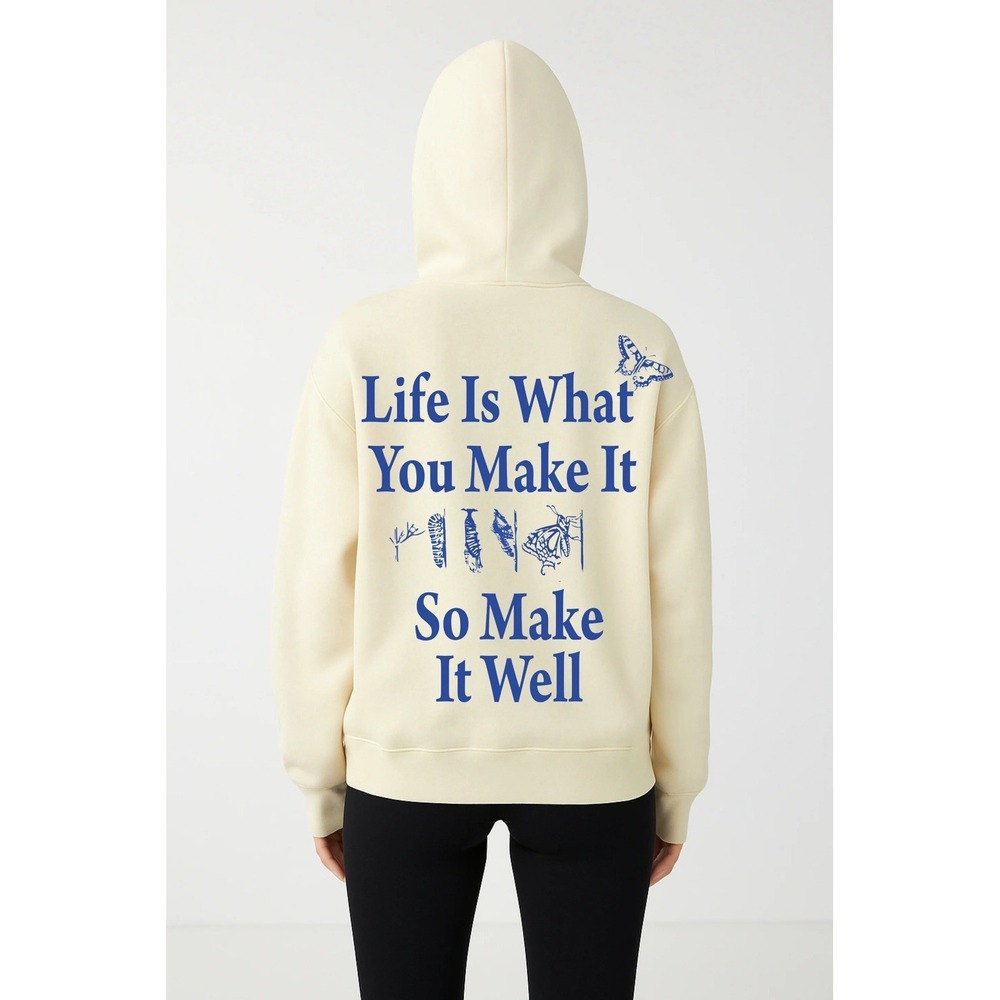 H&M‎ Women's Ivory Blue Butterfly Sweatshirt Hoodie Oversize Size M